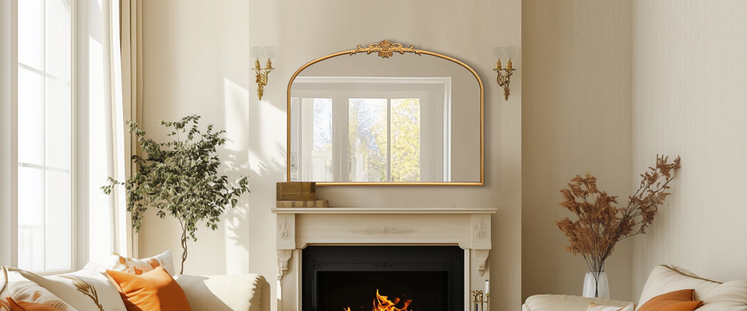 Elegant Antique Arch Bathroom Victorian Mirror Collection brightening up a livingroom with its reflective surface